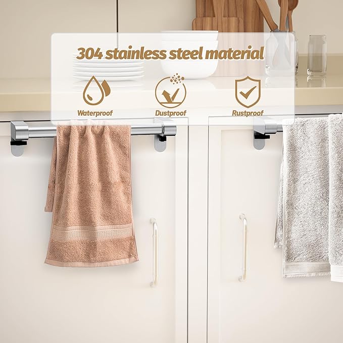 VEHHE Kitchen Towel Holder, Hand Screwed Telescopic Kitchen Towel Rack, Stainless Steel Adjustable Length and Width Over The Cabinet Door Towel Rack with EVA Foam Pad (Silver)