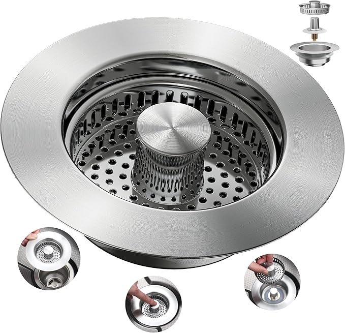 Sink Drain Strainer 3 in 1, 304 Stainless Steel Pop Up Sink Stopper, Anti-Clogging Sink Strainer, Kitchen Sink Strainer, Drain Cover and Kitchen Accessories for US Standard Sink(Silver)