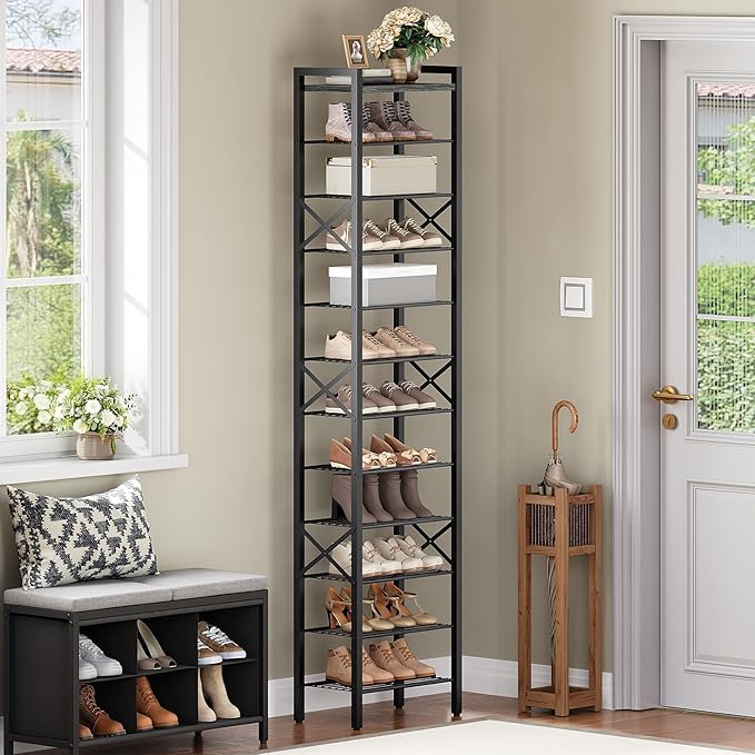 12-Tier Narrow Shoe Rack, Tall Shoe Rack for 12-24 Pairs, Slim Shoe Storage Organizer with Wooden Top, Space Saving, Metal Frame, for Entryway, Charcoal and Black SS61BC
