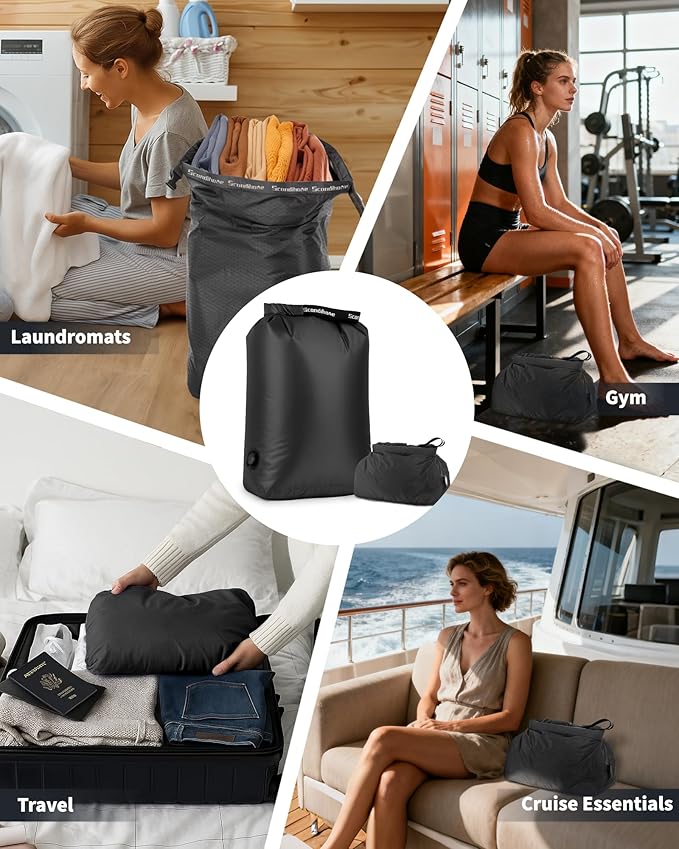 Travel Laundry Bag, Pump-Free Vacuum Compression Dirty Clothes Bag, Small Reusable Waterproof & Washable Laundry Bag, Wet and Dry Bag, Ideal for Suitcases, Road Trip Essentials (1 Pcs) Black