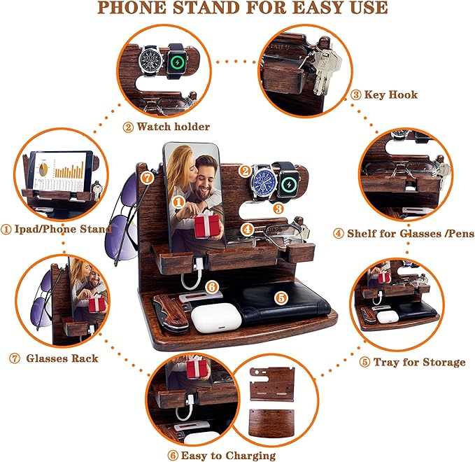 Gifts for Men Women Dad Husband Boyfriend Wood Phone Docking Station Nightstand Organizer for Men Birthday Gifts (Dark Brown)