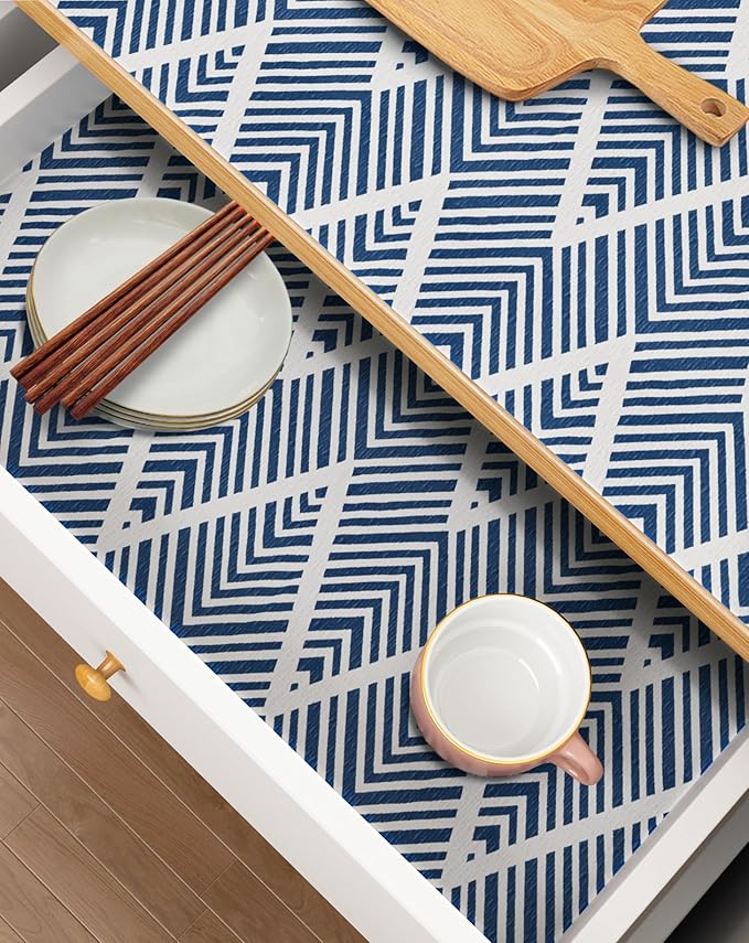 Cohoo Home Drawer and Shelf Liners for Kitchen Cabinets, Non-Adhesive, Non-Slip Cabinet Liners for Shelves, Drawer Paper, Cupboard, Strong Grip, Bathroom, Waterproof, Washable, Thick, Blue Stripe, 12in × 11.8FT