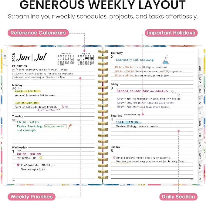 Planner 2026-2027, Academic Year Monthly and Weekly Calendar Planner, Jul 2026 - Jun 2027, Hardcover Teacher Student Planning Agenda book with Tabs, Perfect for School Office Supplies, 8.5" x 11" - Bloom Floral
