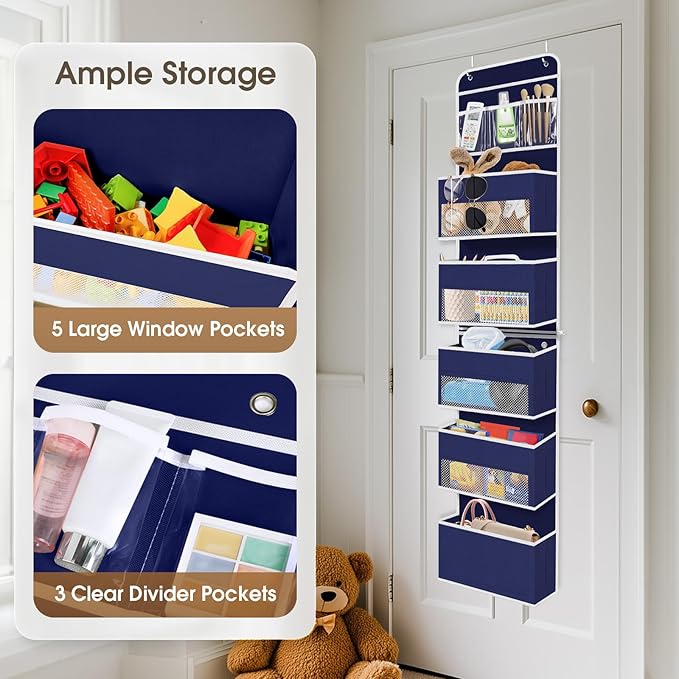 6-Tier Over The Door Organizer Hanging Storage Organizers with Clear Window 40lb Large Capacity Room Organizer for Pantry Bathroom Nursery Closet(Blue)