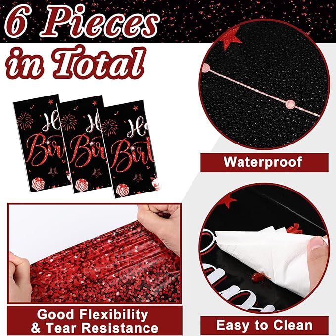 Tudomro 6 Pcs Happy Birthday Tablecloths Happy Birthday Party Decorations Plastic Table Cover Rectangular Cloths for Women Men Baby Shower Party Supplies, 108 x 54 Inch (Black Red)