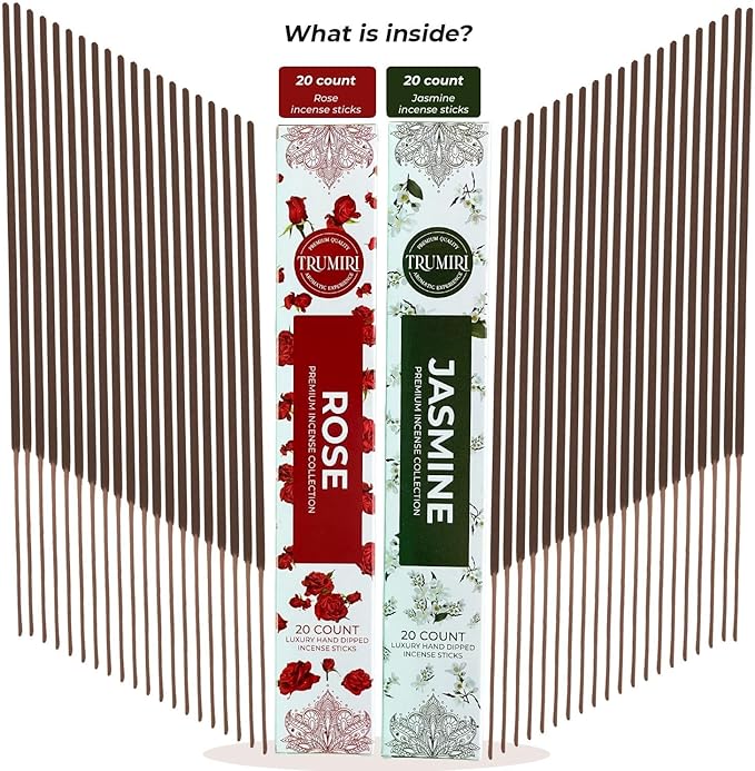 Trumiri Incense Sticks - Combo Pack of 40 Insence-Sticks - 20 Rose + 20 Jasmine - Insenses - Insents - Incents - Inscense - Incence - Incienso - All Natural Incense Sticks