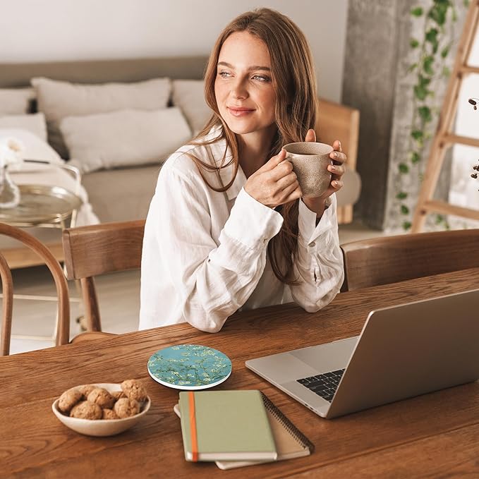 Drinks Coasters Set of 4, Almond Blossoms Round 4" Absorbent Ceramic Stone Coasters with Cork Base, Cute Coaster for Table Home Décor, Ideal Gifts for Women Men