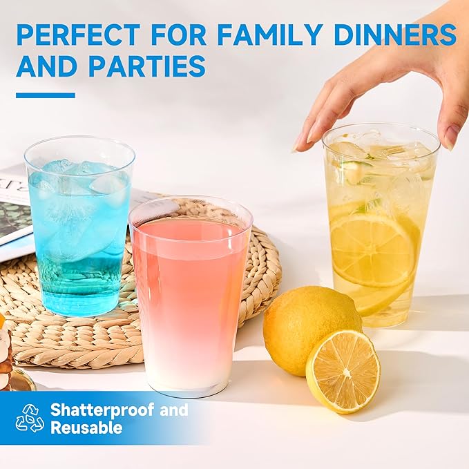 RACETOP 16 oz 100 Pack Disposable Plastic Cups, Disposable Clear Plastic Cups for Parties, Weddings, Gatherings, and Festival Events