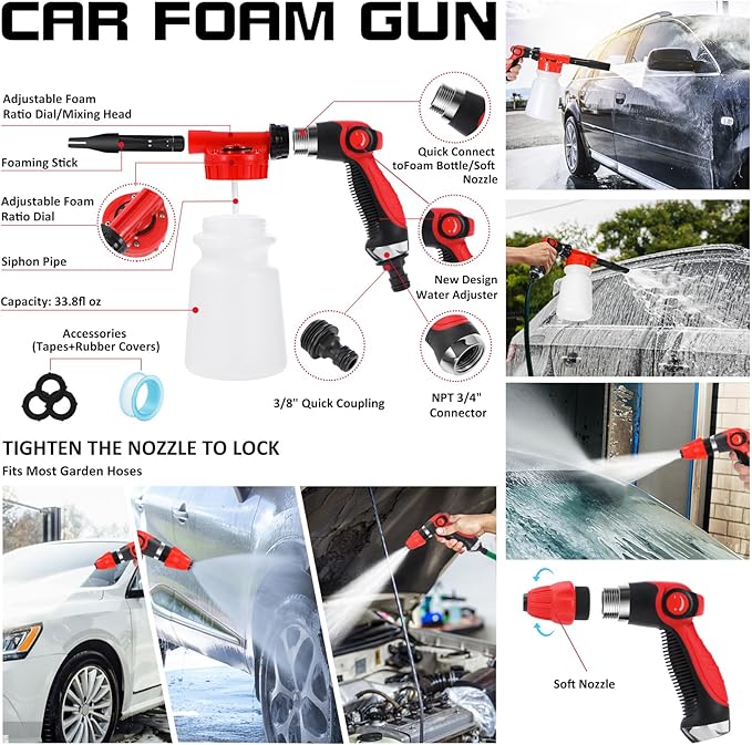 44Pcs Car Wash Detailing Kit Cleaning Kits with Foam Gun Sprayer Wash Mop with Long Handle Collapsible Bucket Large Wash Mitt Towels Complete Interior Exterior Car Washing Supply Set Black