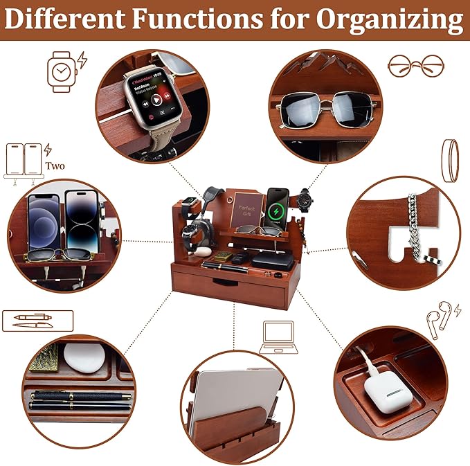 Nightstand Organizer for Men with Large Drawer, Birthday Gifts for Men, Phone Docking Station, Bedside Organizer for Nightstand for Apple Watch, Laptop (Walnut, Solid Wood)