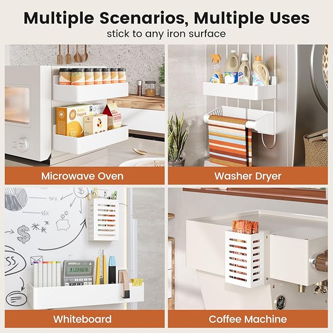 Magnetic Spice Rack for Refrigerator,7 Pack Magnetic Shelf,Fridge Magnet Organizer with Paper Towel Holder,Utensils Racks,Hook Rack,Fridge Organizers and Storage White(7 Pack)