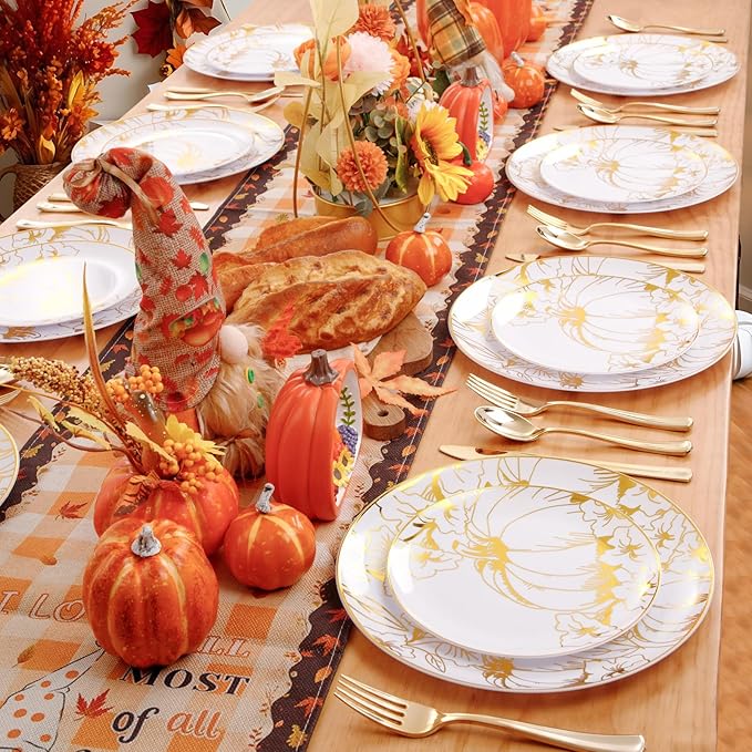 FLOWERCAT 60PCS Thanksgiving Plates & Gold Pumpkin Plates - Including 30PCS 10.25inch Thanksgiving Dinner Plates and 30PCS 7.5inch Dessert Plates for Giving Thanks Theme Party