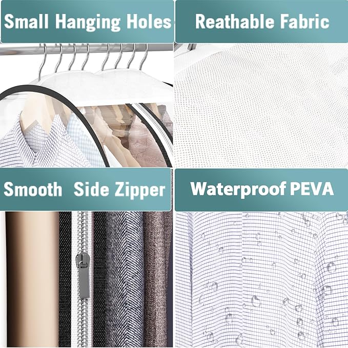 Liuoud Clear Garment Bag for Hanging Clothes 10” Gusseted, 60” Suit Bags for Open Closet Storage Plastic Clothes Cover for Coat, Dress, Shirts, Fur, Jacket, Wardrobe Protectors, 4 Pack