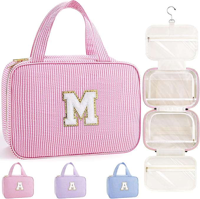 TOPEAST Christmas Gifts for Women Teen Girls Kids - Travel Hanging Toiletry Bag, Personalized Initial Toiletry Pouch, Birthday Gifts for Women Mom Daughter Sister Friends, Cruise Essentials, Pink M