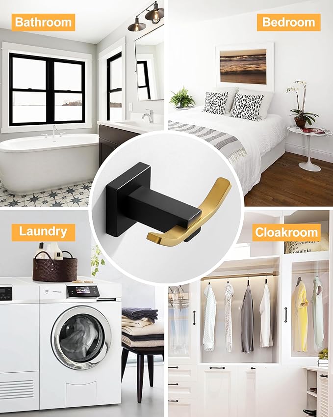 WOWOW Towel Hooks for Bathrooms Black and Gold, SUS304 Stainless Steel Coat Hook, Bathroom Robe Towel Holder, Heavy Duty Robe Hooks, Bathroom Double Towel Hooks for Coats, Sponges, Wall Mount