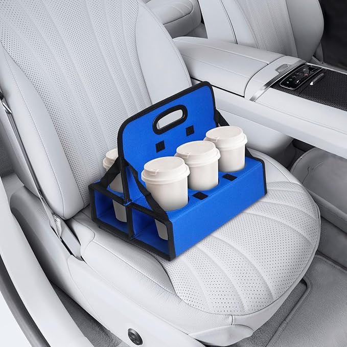 Drink Caddy, Portable 6-Cup Drink Carrier with Handle - Reusable & Foldable Cup Holder for Coffee, Wine, Cocktails | Secures Hot & Cold Beverages for Delivery, Takeout, Catering & Parties (Blue)