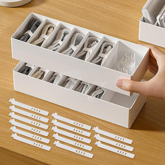 PAVSTINE 2 Pcs Cable Organizer Box with Wire Ties, Plastic Cord Charger Storage Box with 8 Compartments, Electronics and Home Office Desk Drawer Stationery Organizer, Stackable, White