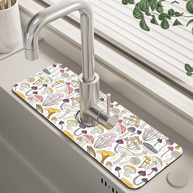 Colorful Mushrooms Kitchen Sink Splash Guard Faucet Mat, Super Absorbent Fast Drying Mat Guard Behind Faucet Drip Catcher for Kitchen Bathroom, 15.5"x5.5"