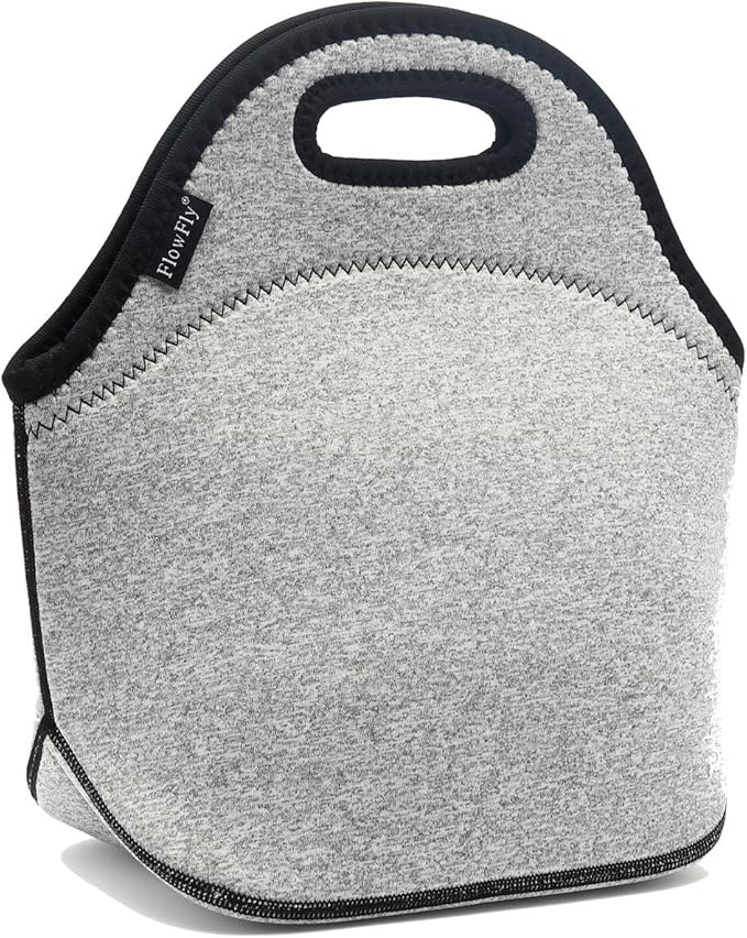 FlowFly Neoprene Kids Lunch Box Insulated Soft Bag Mini Cooler Thermal Meal Tote Kit for Boys, Girls, Men, Women, School, Work, Office, Grey
