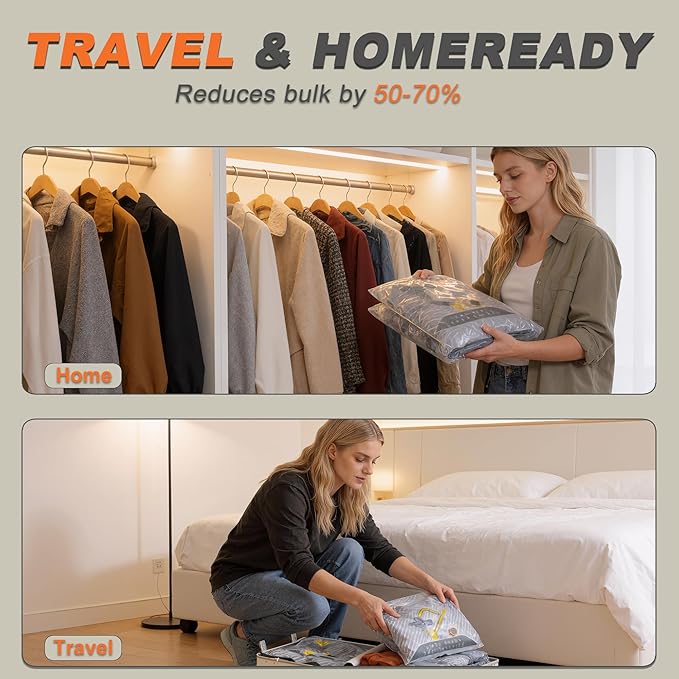 10-Pack Travel Vacuum Bags with Wireless Rechargeable Pump, Carry-on Size Compression Packing Bags for Luggage & Suitcase, Space Saver for Clothes & Clothing, 10 Combo Travel Size, Fast 3S Vacuum