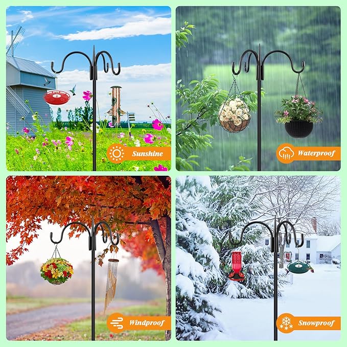 FEED GARDEN Heavy Duty Shepherds Hook Squirrel-Proof Bird Feeder Pole 92" Triple Hooks 5-Prong Base & 19" Baffle for Outdoor Feeders & Plants