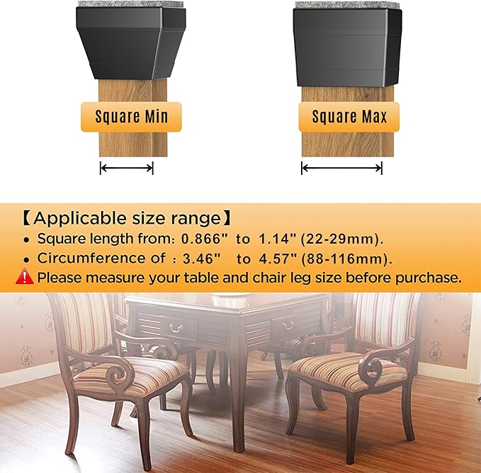 Square Chair Leg Protectors for Hardwood Floors, 16 Pcs Silicone Felt Furniture Leg Caps to Prevent Floor from Scratches and Reduce Noise, Easy to Move, (Black, Fit: 0.866-1.14").