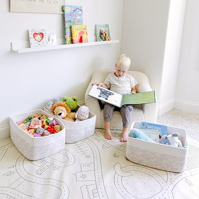 NaturalCozy Storage Baskets 16.8”x13”x7.6” Cotton Rope Woven Baskets for Organizing, 3-Pack | Toy Storage Bins | Basket for Shelves, Laundry, Blanket, Clothes, Closet, Kitchen, Bathroom, Gifts