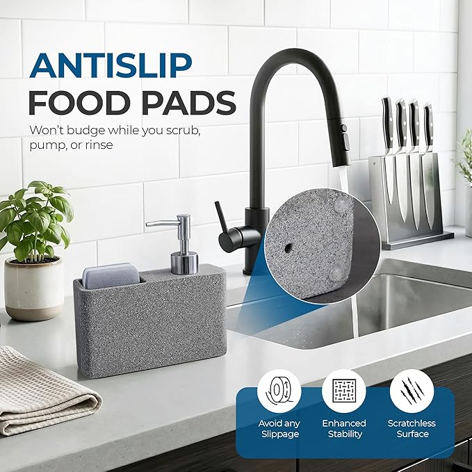 Havara Kitchen Soap Dispenser with Sponge Holder for Kitchen Sink, Hand Soap Pump & Sink Organizer, Granite Resin Non-Slip Countertop Caddy, Stone Gray