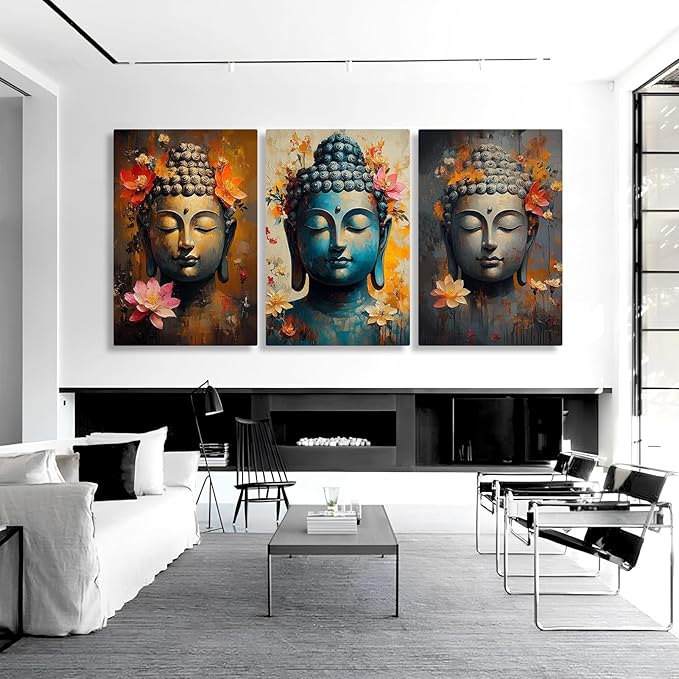 Findbeauty Buddha Canvas Wall Art, Floral Buddha Canvas Print, Zen Meditation Wall Decor, 3 Pcs Buddhist Pictures, Inspirational Wall Decor, Spiritual Wall Art for Living Room (12" x 18" x 3 pcs)