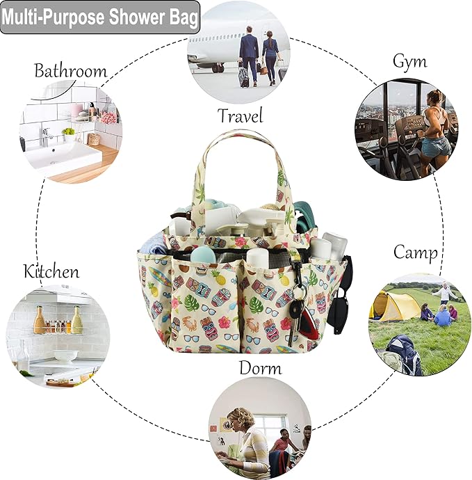 Haundry Portable Mesh Shower Caddy Bag, Large Basket Organizer with Key Hook for College Dorm Bathroom Camp Gym, Hanging Tote Bag with 8 Pockets (Luau Style)