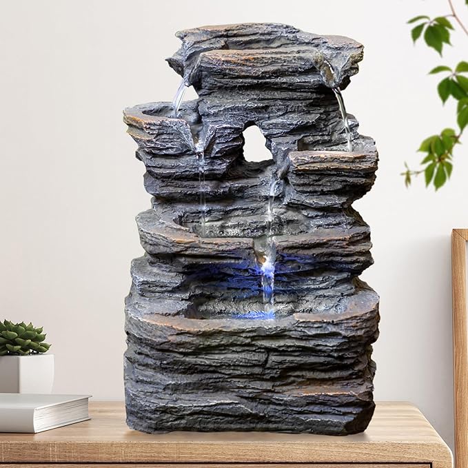 Ferrisland 5-Tier Cascading Tabletop Fountain with LED Lights - Indoor Water Fountain Decor Tabletop Small Relaxation Waterfall Feature Dark Gray