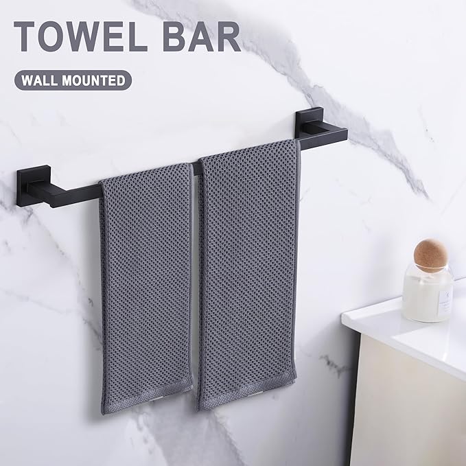 LANC 24-Inch Black Towel Bar for Bathroom Wall Mounted Matte Black Bath Towel Rack Stainless Steel Towel Rod for Cabinet Kitchen Towel Holder Towel Hanger Towel Rail, A9010MB-L6