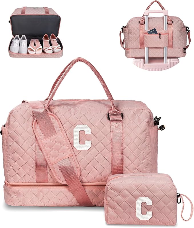 Birthday Gifts for Women - Initial Duffle Bag with Shoe Compartment, Personalized Weekender Bag, Monogram Overnight Bag, Letter Travel Bag with Makeup Bag, Friend Wife Birthday Gift (Letter C)