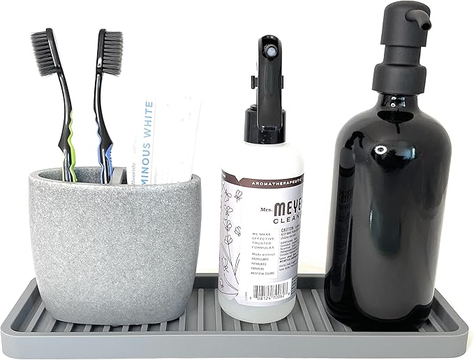 Happitasa Silicone Kitchen Sink Organizer Tray, Sponge Holder and Countertop Protector | Bathroom and Kitchen Soap Dish and Dispenser Tray (Light Grey, 12"x4")
