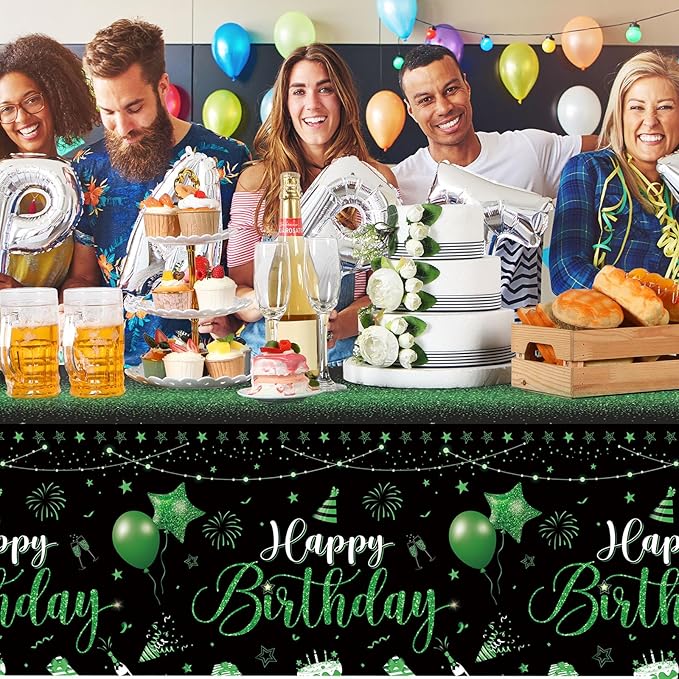 Tudomro 3 Pcs Happy Birthday Tablecloths Happy Birthday Party Decorations Plastic Table Cover Rectangular Cloths for Women Men Baby Shower Party Supplies, 108 x 54 Inch (Black Green)
