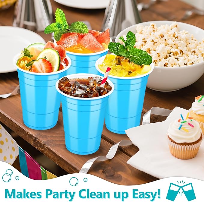 LANLISA 100 Blue Plastic Cups, 16 oz Disposable Cups, Drinking Cups For Party Supplies