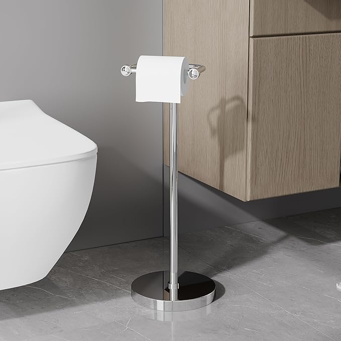 Toilet Paper Holder Stand, Post Pivoting Design Free Standing Toilet Paper Holder, SUS304 Stainless Steel Toilet Paper Roll Holder, Heavy Stable Base (Chrome)