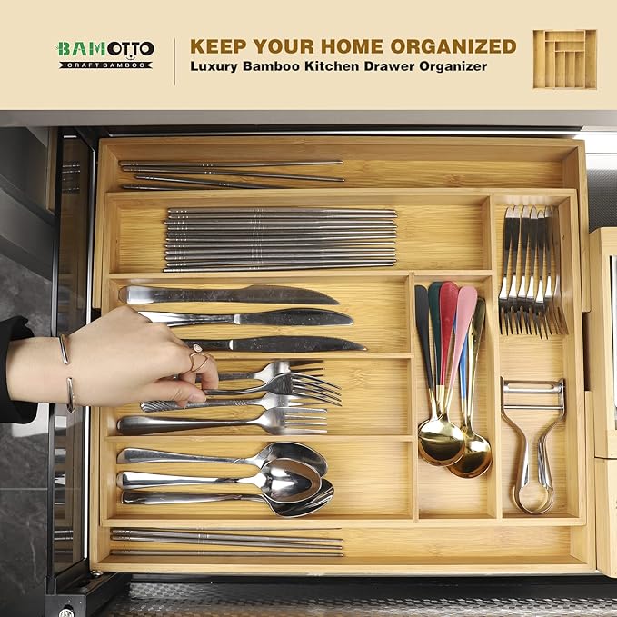 Expandable Bamboo Kitchen Drawer Organizer – Silverware Organizer, Utensil Holder & Cutlery Tray Drawer Dividers for Flatware (20"x16.9" Large Size, 8 Slot, Natural)