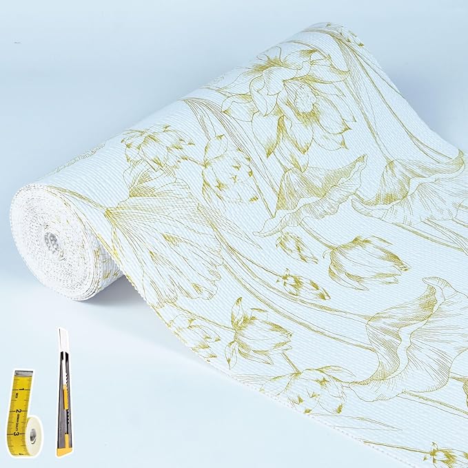 Shelf Liners Non Adhesive Light Base Gold Lotus Pattern - Thickened Non-Slip Easy to Clean Drawer Liner for Kitchen Cabinets, Tool Box, Refrigerator, with Knife & Tape Measure, 17in x 20FT.