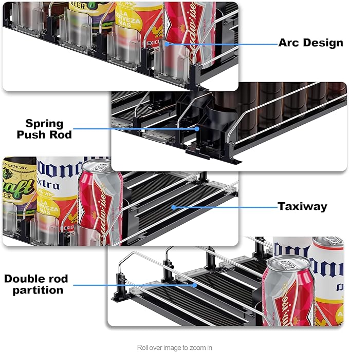 Drink Organizer for Fridge,12oz 16oz 20oz - Soda Can Dispenser for Refrigerator,Width Adjustable,Automatic Pusher Glide (Black, 15"D 3ROW, Holds 15 Cans)