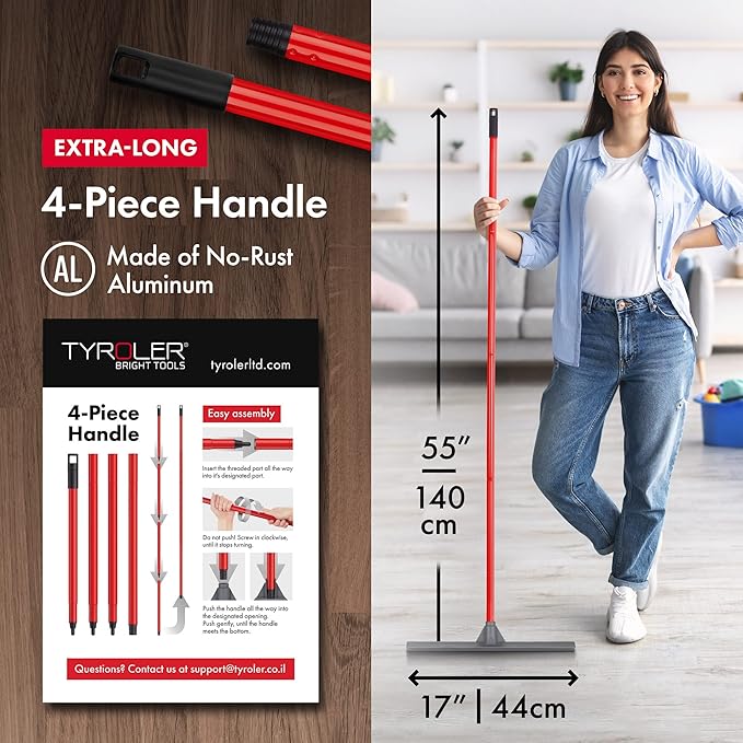 Tyroler Floor Squeegee for Concrete Floors, 17" Heavy Duty Squeegee for Floor, Squeegee Broom for Floors with 55" 4-Part Handle Perfect for Tiles, Marble, Garage, Deck, Patio, Bathroom, Shower