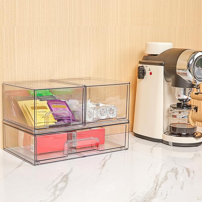 Vtopmart Stackable Storage Drawers Set of 4, Clear Plastic Organizer Bins for Bathroom Supplies, Ideal for Cabinet, Pantry, Laundry Room Organization
