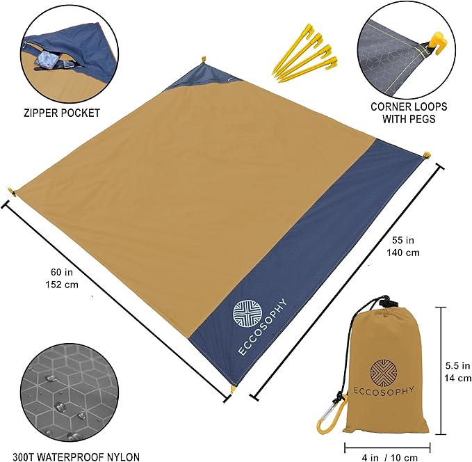 ECCOSOPHY Sand Proof Beach Blanket - Waterproof Picnic Blanket 60x55 Outdoor Compact Pocket Blanket Lightweight Ground Cover for Hiking Camping Festivals Sports Travel with Bag & Stakes (Caramel)