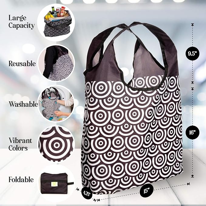 O-WITZ Reusable Grocery Bags | Vibrant Tote Bag For Groceries, Gym, Office, Beach & More | Washable Design With Large Handles For Maximum Convenience | Folds Into Small Pouch, 5 Pack, Black and White