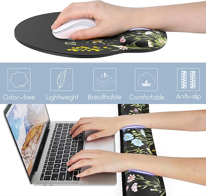Ergonomic Mouse Pad with Wrist Rest and Keyboard Wrist Rest, Memory Foam Wrist Rest for Computer Keyboard, Easy Typing, Pain Relief, Black Mouse Pad Wrist Support for Gaming, Office, Laptop, Floral