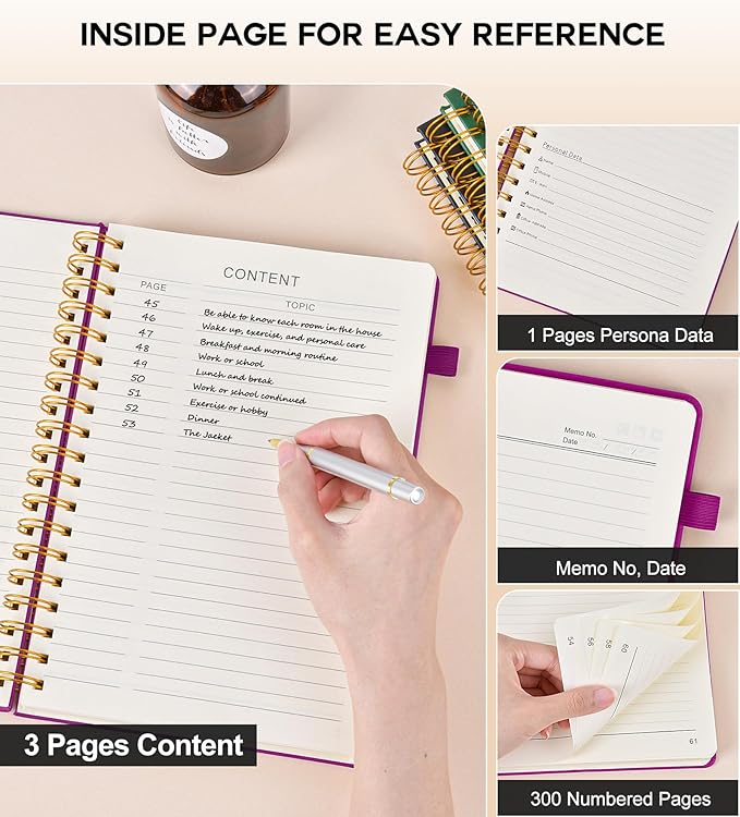 Spiral Notebook Journal for Women Men, 300 Numbered Lined Pages, College Ruled, A5 Hardcover Spiral Bound Notebook for School, Work, Note Taking Writing, Leather Spiral Journal Medium 5.9"x8.5"