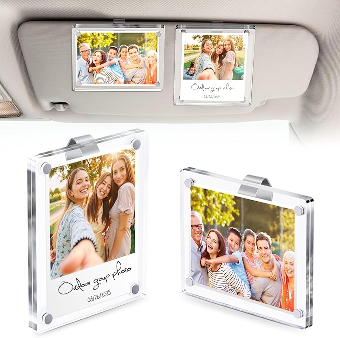 2Pcs Large Car Sun Visor Photo Clip – Magnetic 3.5"x 4.4" Acrylic Frame for Instax Wide& Polaroid i-Type Photos, Easy Clip-On Display for Car Interior,Car Auto Accessories Gifts for Family & Personal Photos Mother's Day,Father's Day