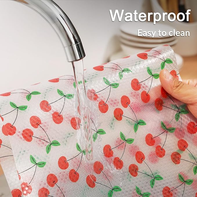 Cooyes Shelf Liner, Non-Adhesive Waterproof Shelf Paper with Fruit Pattern, Easy to Cut and Durable EVA Cabinet & Drawer Mat for Kitchen (17.5 Inch W x 360 Inch L, Red Cherry)