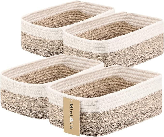 MiniArk Small Storage Baskets for Organizing | Closet Organizer Bins | Shelf Toy Basket | Woven Rope Baskets | Cube Decorative Box | Shallow Basket |11.5x7.5x4.7”| 4 Packs Gradient Brown