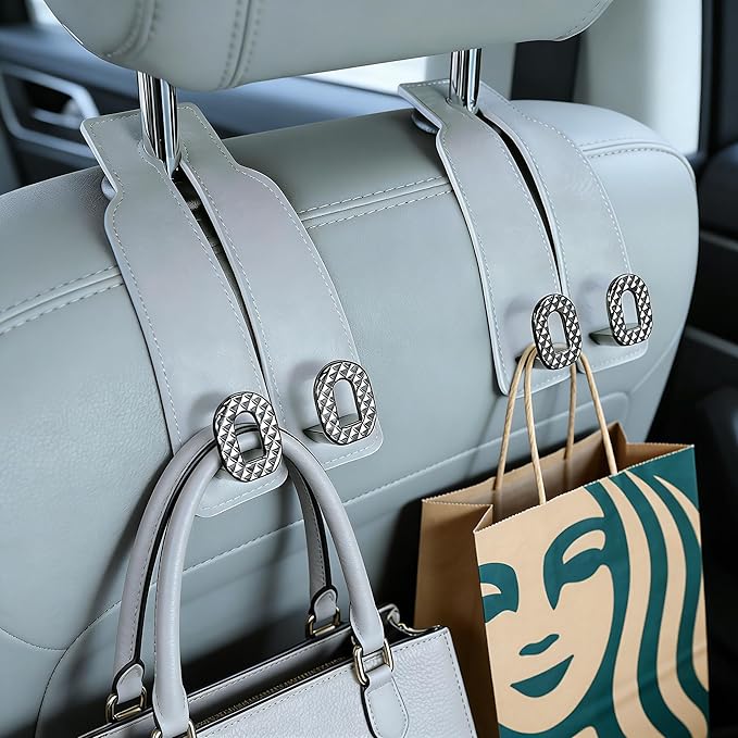 Car Headrest Hooks Universal Car Purse Hook Premium Leather and Alloy Twin Hook Car Seat Back Storage Hanger Hook for Purse Bags Cloth Drink Durable Holder Car Accessories (BH09-Grey-Black-4 Pack)
